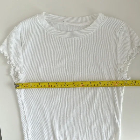White Ribbed Women's Cropped Tee with Lettuce Hem - Picture 6 of 7